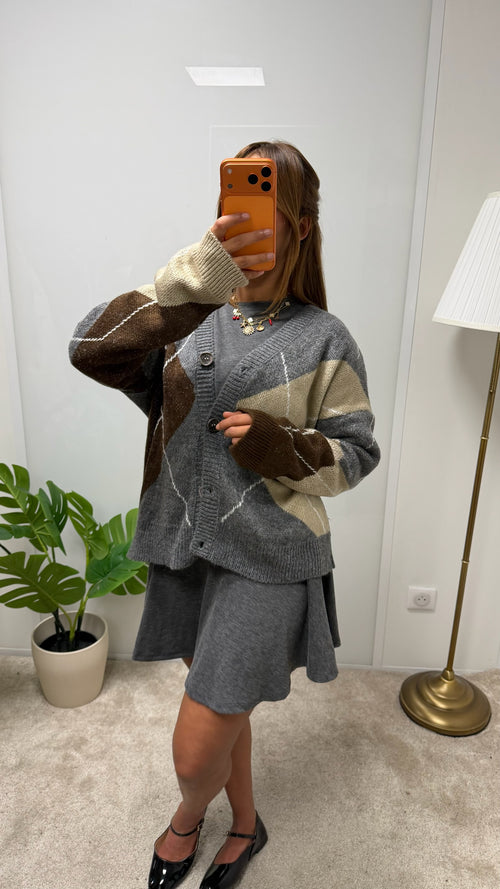 Pull ENNA boutonné à motifs carreaux